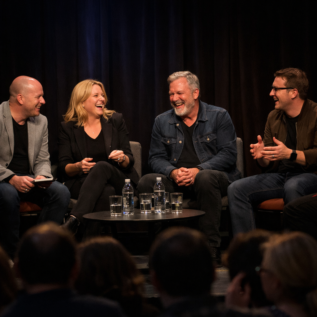 Paneldiskussion lite mrkare en scen och ngra som sitter p stolar runtomkring lite skratt p scenen-1
